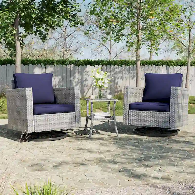 BONOSUKI 3Pcs Patio Swivel Rocking Sofa Set Brown Grey w/Glass Table