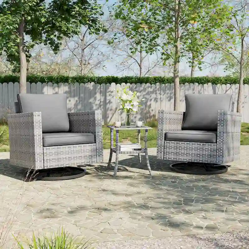 BONOSUKI 3Pcs Patio Swivel Rocking Sofa Set Brown Grey w/Glass Table