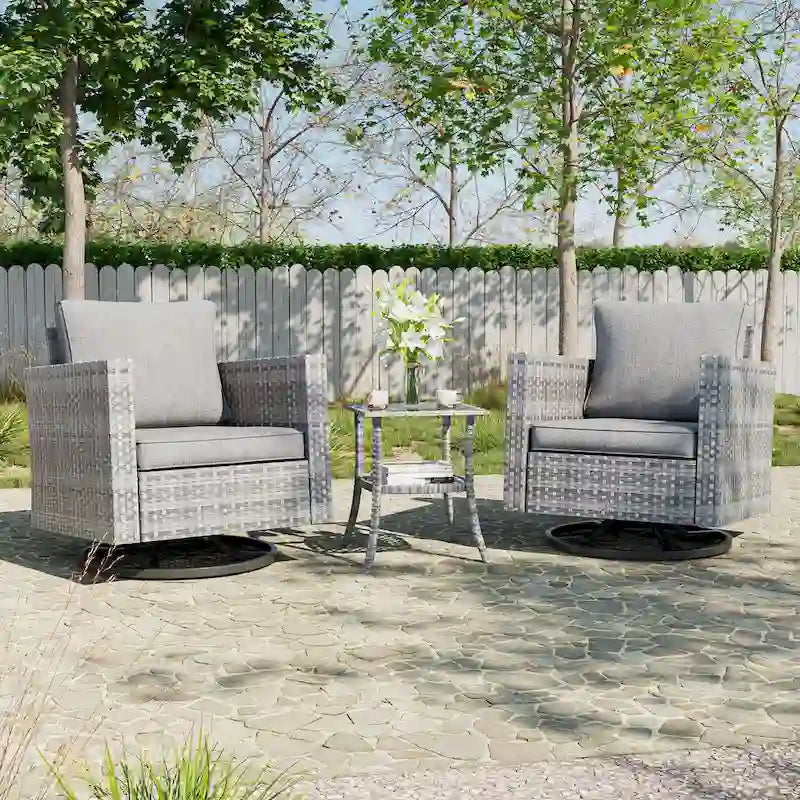 BONOSUKI 3Pcs Patio Swivel Rocking Sofa Set Brown Grey w/Glass Table