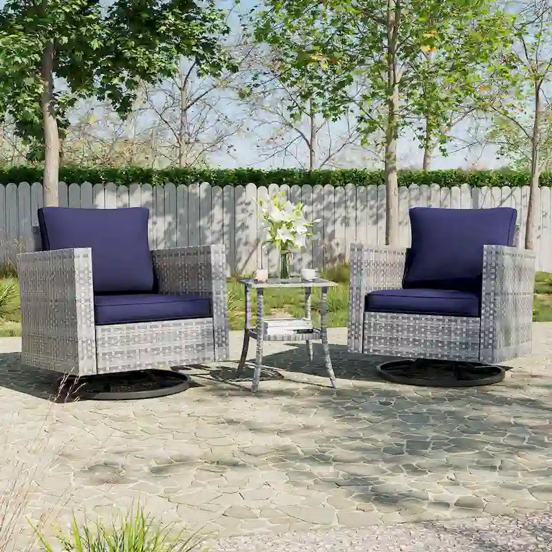 BONOSUKI 3Pcs Patio Swivel Rocking Sofa Set Brown Grey w/Glass Table