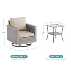 BONOSUKI 3Pcs Patio Swivel Rocking Sofa Set Brown Grey w/Glass Table