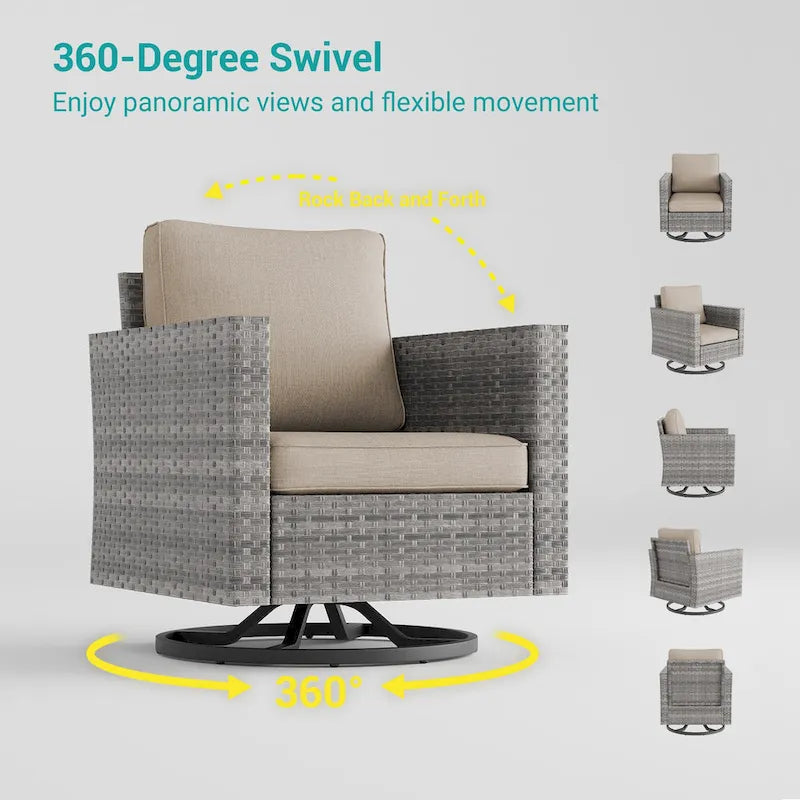 BONOSUKI 3Pcs Patio Swivel Rocking Sofa Set Brown Grey w/Glass Table