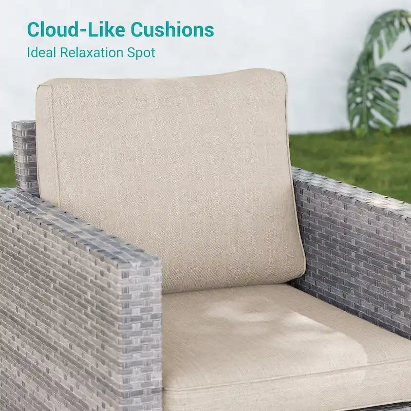 BONOSUKI 3Pcs Patio Swivel Rocking Sofa Set Brown Grey w/Glass Table