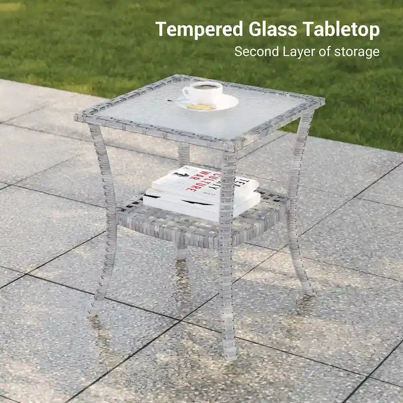 BONOSUKI 3Pcs Patio Swivel Rocking Sofa Set Brown Grey w/Glass Table