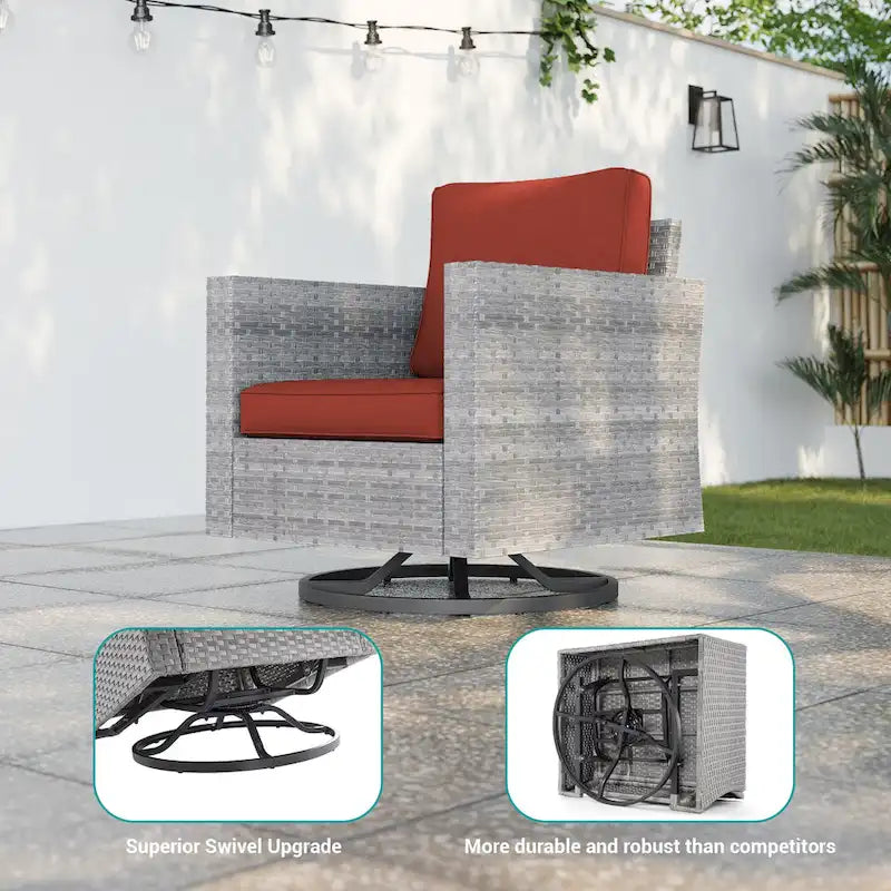 BONOSUKI 3Pcs Patio Swivel Rocking Sofa Set Brown Grey w/Glass Table
