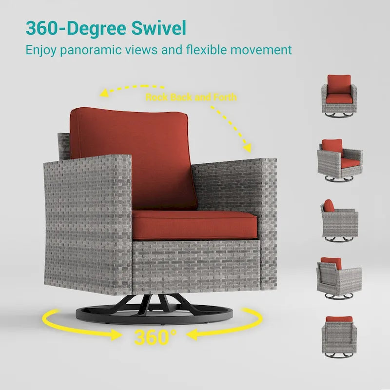 BONOSUKI 3Pcs Patio Swivel Rocking Sofa Set Brown Grey w/Glass Table