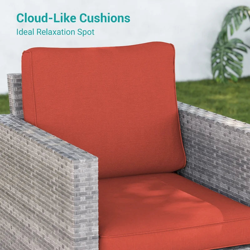 BONOSUKI 3Pcs Patio Swivel Rocking Sofa Set Brown Grey w/Glass Table