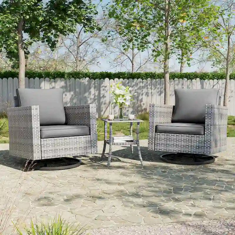 BONOSUKI 3Pcs Patio Swivel Rocking Sofa Set Brown Grey w/Glass Table