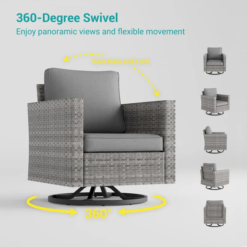 BONOSUKI 3Pcs Patio Swivel Rocking Sofa Set Brown Grey w/Glass Table