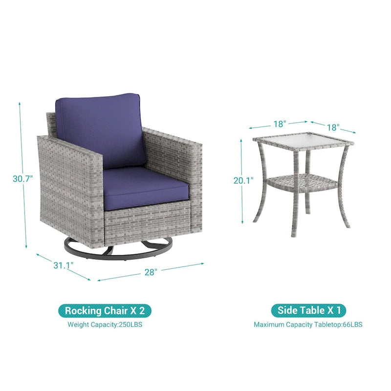 BONOSUKI 3Pcs Patio Swivel Rocking Sofa Set Brown Grey w/Glass Table