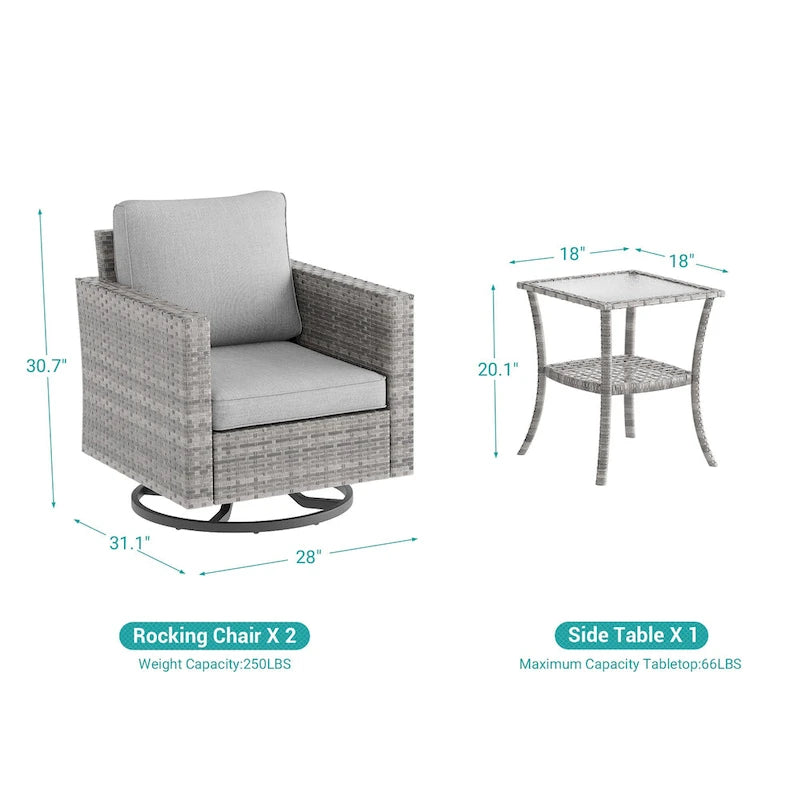 BONOSUKI 3Pcs Patio Swivel Rocking Sofa Set Brown Grey w/Glass Table