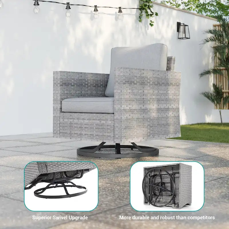 BONOSUKI 3Pcs Patio Swivel Rocking Sofa Set Brown Grey w/Glass Table