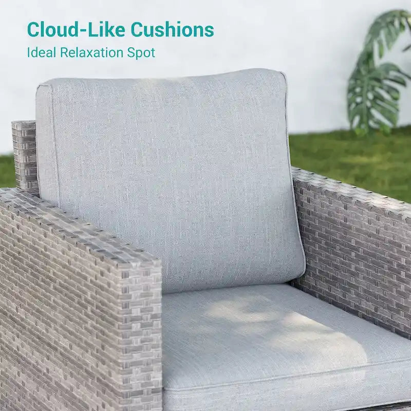 BONOSUKI 3Pcs Patio Swivel Rocking Sofa Set Brown Grey w/Glass Table