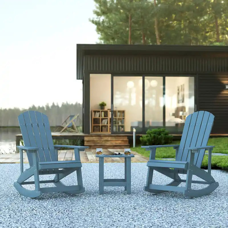 Set of 2 Poly Resin Adirondack Rocking Chairs with 1 Side Table