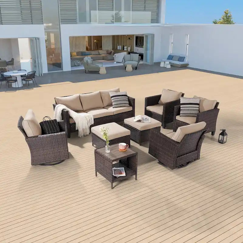 BONOSUKI 8Pcs Patio Conversation Swivel Rocking Sofa Set Brown Rattan