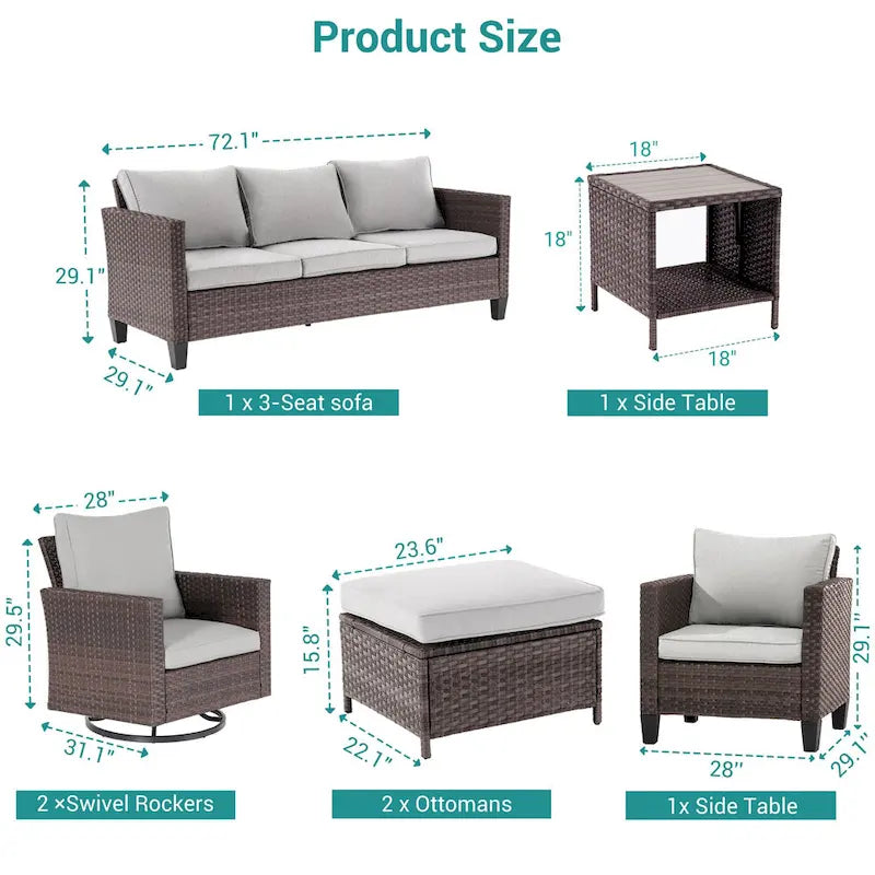 BONOSUKI 8Pcs Patio Conversation Swivel Rocking Sofa Set Brown Rattan