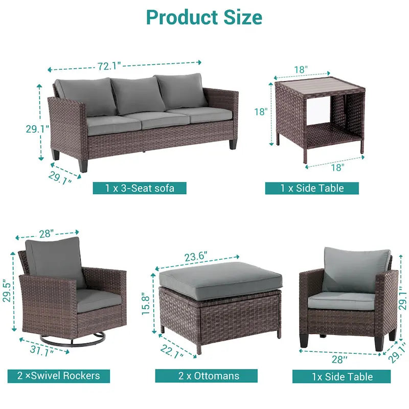 BONOSUKI 8Pcs Patio Conversation Swivel Rocking Sofa Set Brown Rattan