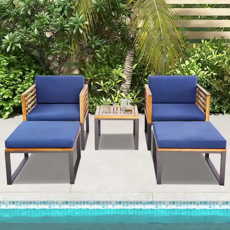 Costway 5pcs Patio Acacia Wood Cushioned Chair Ottoman Table Furniture - See Details
