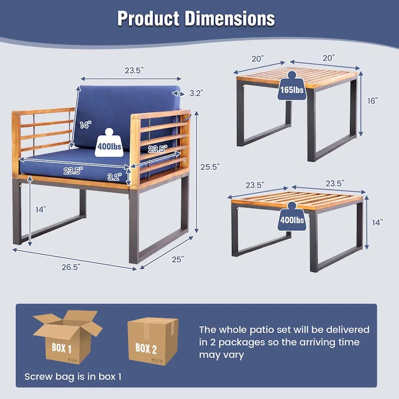 Costway 5pcs Patio Acacia Wood Cushioned Chair Ottoman Table Furniture - See Details