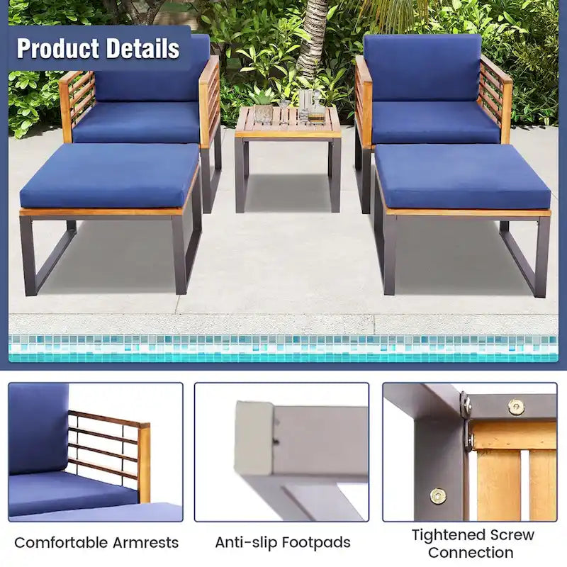 Costway 5pcs Patio Acacia Wood Cushioned Chair Ottoman Table Furniture - See Details