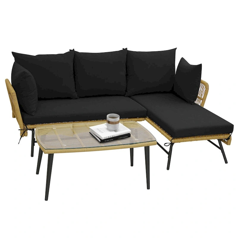 3 Pieces L-Shaped Patio Sofa with Cushions and Tempered Glass Table - Lounge Sofa: 51.5  x 27  x 32 