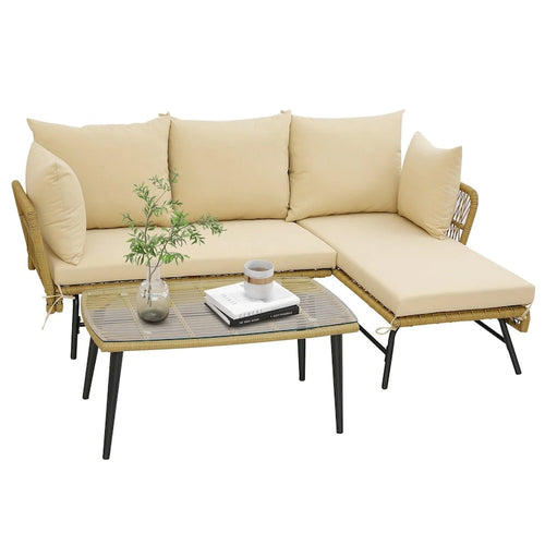 3 Pieces L-Shaped Patio Sofa with Cushions and Tempered Glass Table - Lounge Sofa: 51.5  x 27  x 32