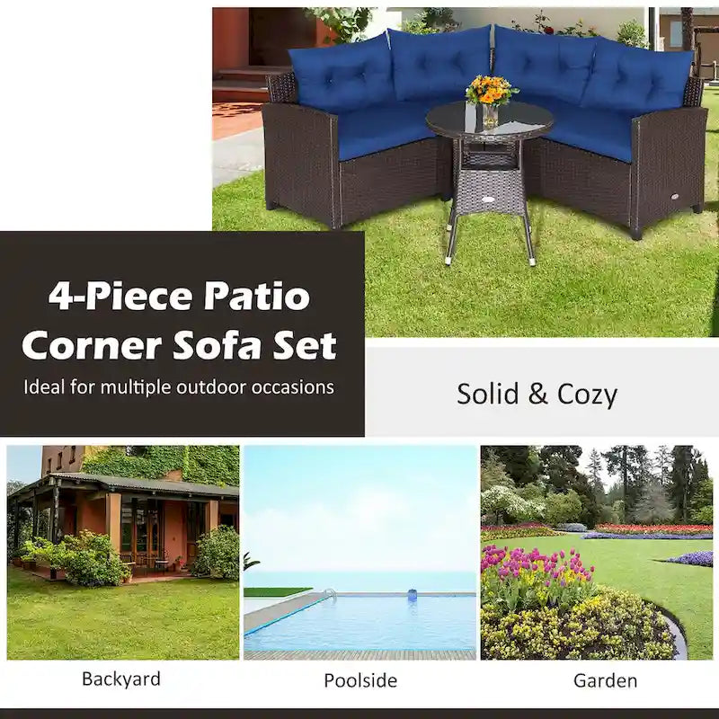 Costway 4PCS Patio Rattan Furniture Set Cushioned Sofa Glass Table - 49.5  x 23  x 29