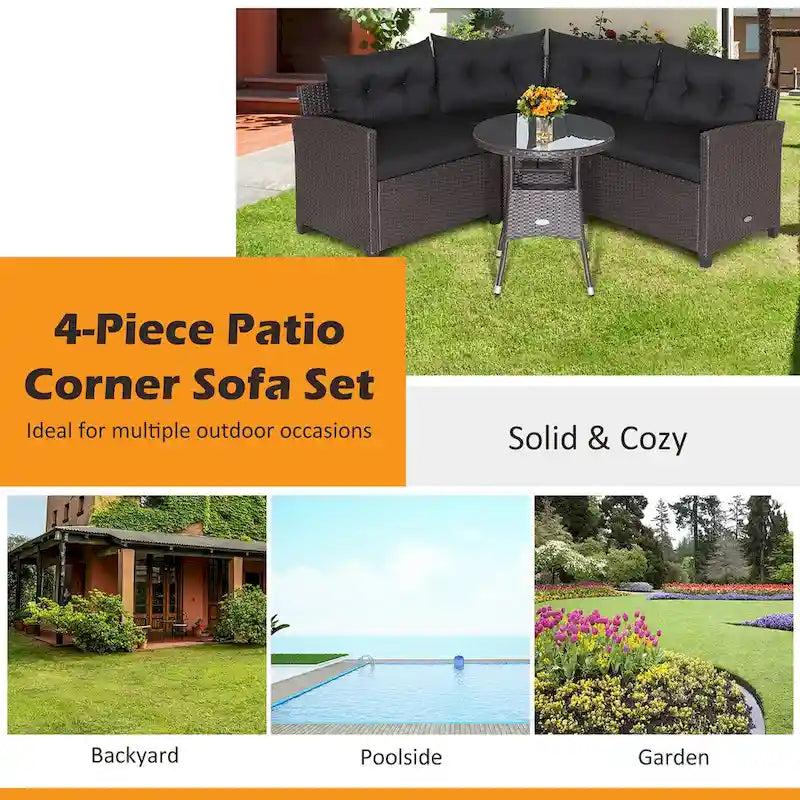 Costway 4PCS Patio Rattan Furniture Set Cushioned Sofa Glass Table - 49.5  x 23  x 29