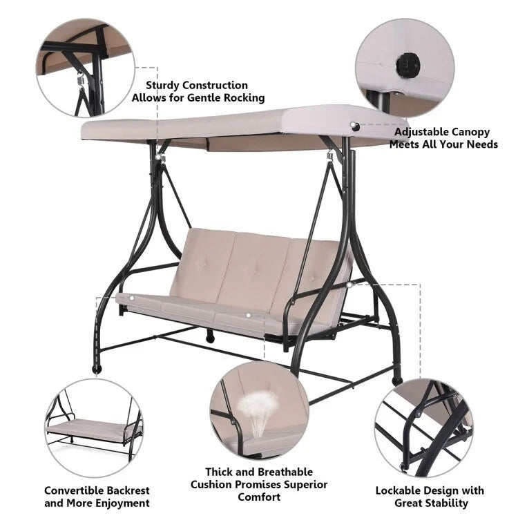 3 Seats Converting Outdoor Swing Canopy Hammock with Adjustable Tilt Canopy - 73  x 44  x 68  (L x W x H)