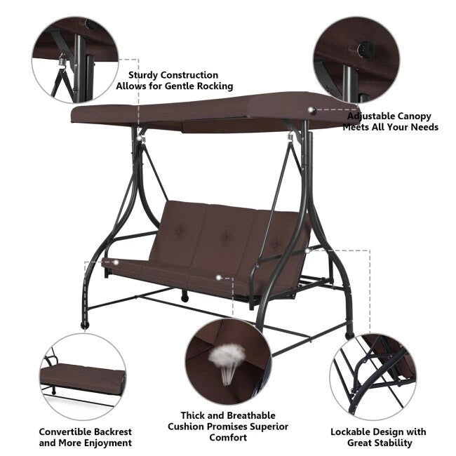 3 Seats Converting Outdoor Swing Canopy Hammock with Adjustable Tilt Canopy - 73  x 44  x 68  (L x W x H)