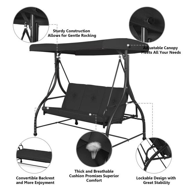 3 Seats Converting Outdoor Swing Canopy Hammock with Adjustable Tilt Canopy - 73  x 44  x 68  (L x W x H)