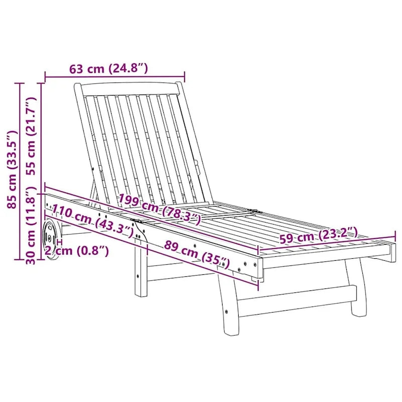 vidaXL Patio Lounge Chair Outdoor Sunbed Poolside Sunlounger Solid Wood Acacia - 78.3  x 23.2 /24.8  x 11.8 /24.4 /29.9 /33.5