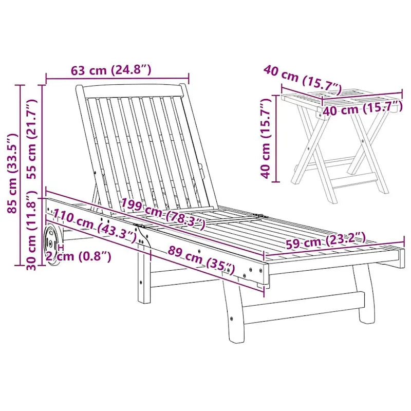 vidaXL Patio Lounge Chair Outdoor Sunbed Poolside Sunlounger Solid Wood Acacia - 78.3  x 23.2 /24.8  x 11.8 /24.4 /29.9 /33.5