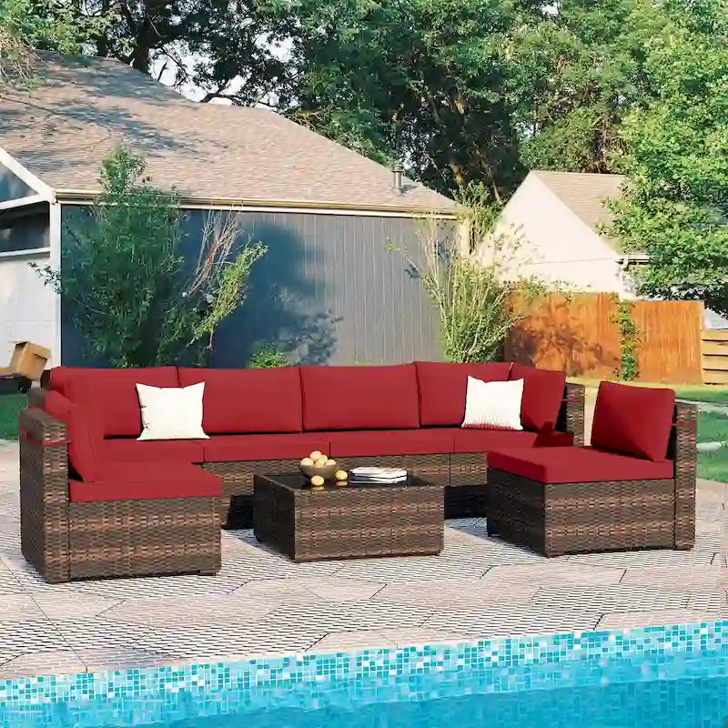 Patio Watcher Morden Outdoor 7-Piece Rattan Wicker Sectional Set Suit for Backyard