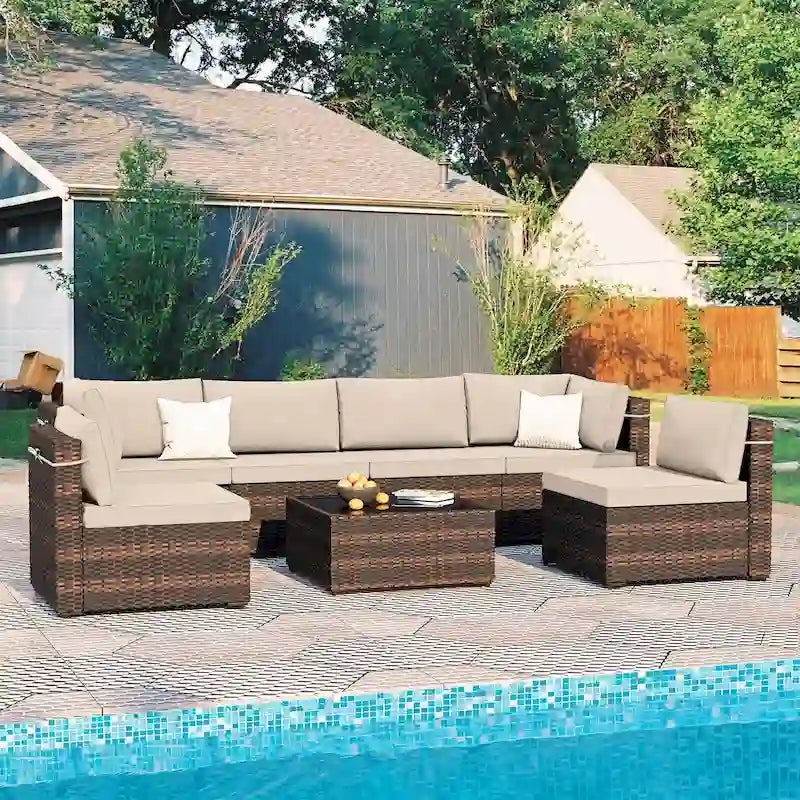 Patio Watcher Morden Outdoor 7-Piece Rattan Wicker Sectional Set Suit for Backyard