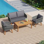 Mid-Century Modern 4-Piece Patio Set: Acacia Wood Loveseat, Chairs & Table