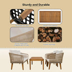 Mid-Century Modern 4-Piece Patio Set: Acacia Wood Loveseat, Chairs & Table