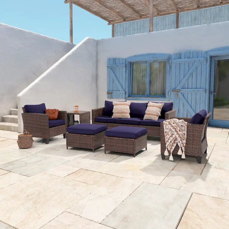 LIVOOSUN 6Pcs Patio Furniture Conversation Brown Wicker Sofa Set w/Side Table