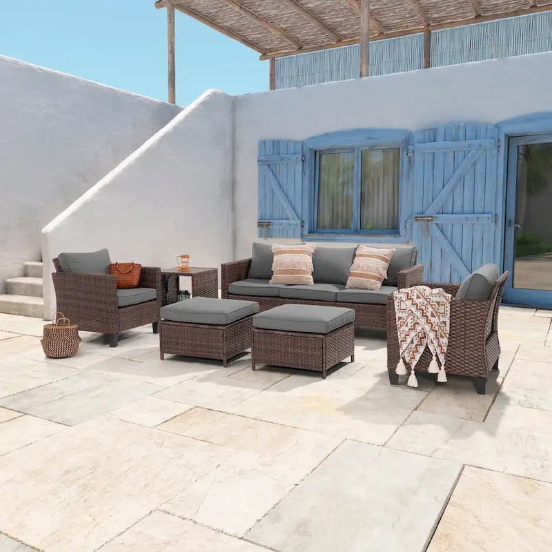 LIVOOSUN 6Pcs Patio Furniture Conversation Brown Wicker Sofa Set w/Side Table