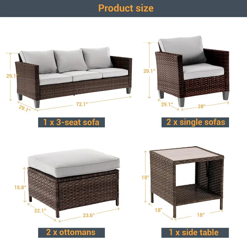 LIVOOSUN 6Pcs Patio Furniture Conversation Brown Wicker Sofa Set w/Side Table