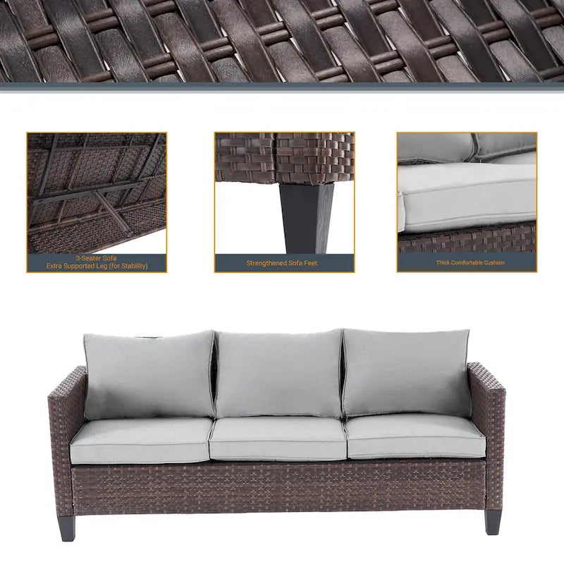 LIVOOSUN 6Pcs Patio Furniture Conversation Brown Wicker Sofa Set w/Side Table