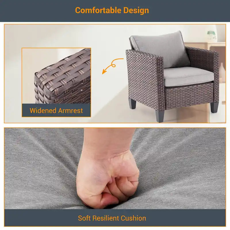 LIVOOSUN 6Pcs Patio Furniture Conversation Brown Wicker Sofa Set w/Side Table