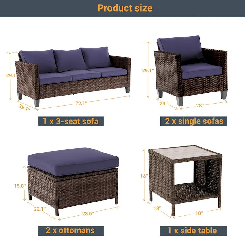 LIVOOSUN 6Pcs Patio Furniture Conversation Brown Wicker Sofa Set w/Side Table