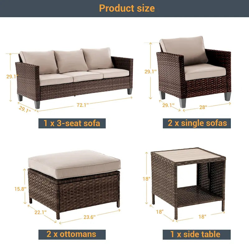 LIVOOSUN 6Pcs Patio Furniture Conversation Brown Wicker Sofa Set w/Side Table