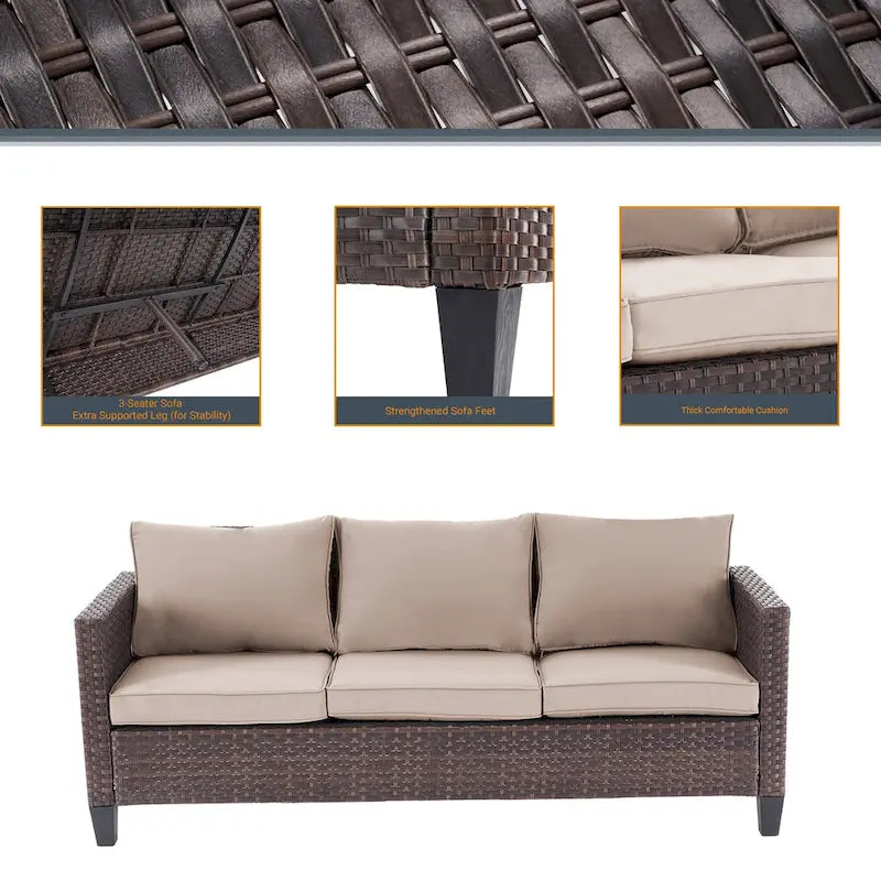 LIVOOSUN 6Pcs Patio Furniture Conversation Brown Wicker Sofa Set w/Side Table