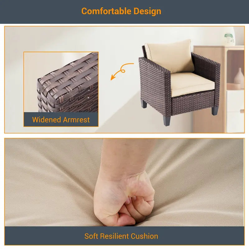 LIVOOSUN 6Pcs Patio Furniture Conversation Brown Wicker Sofa Set w/Side Table