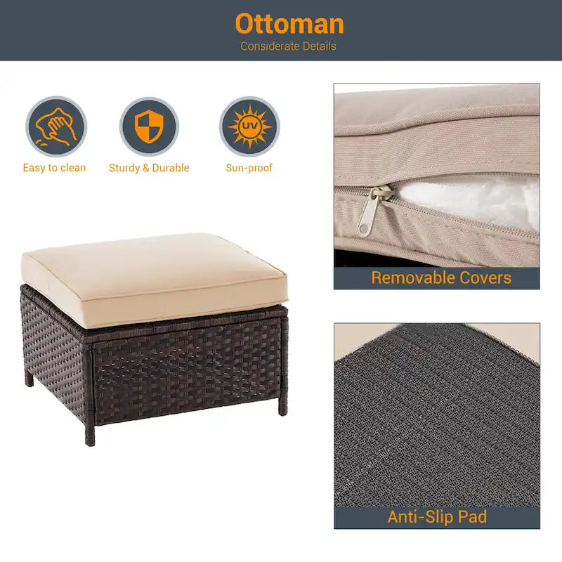 LIVOOSUN 6Pcs Patio Furniture Conversation Brown Wicker Sofa Set w/Side Table