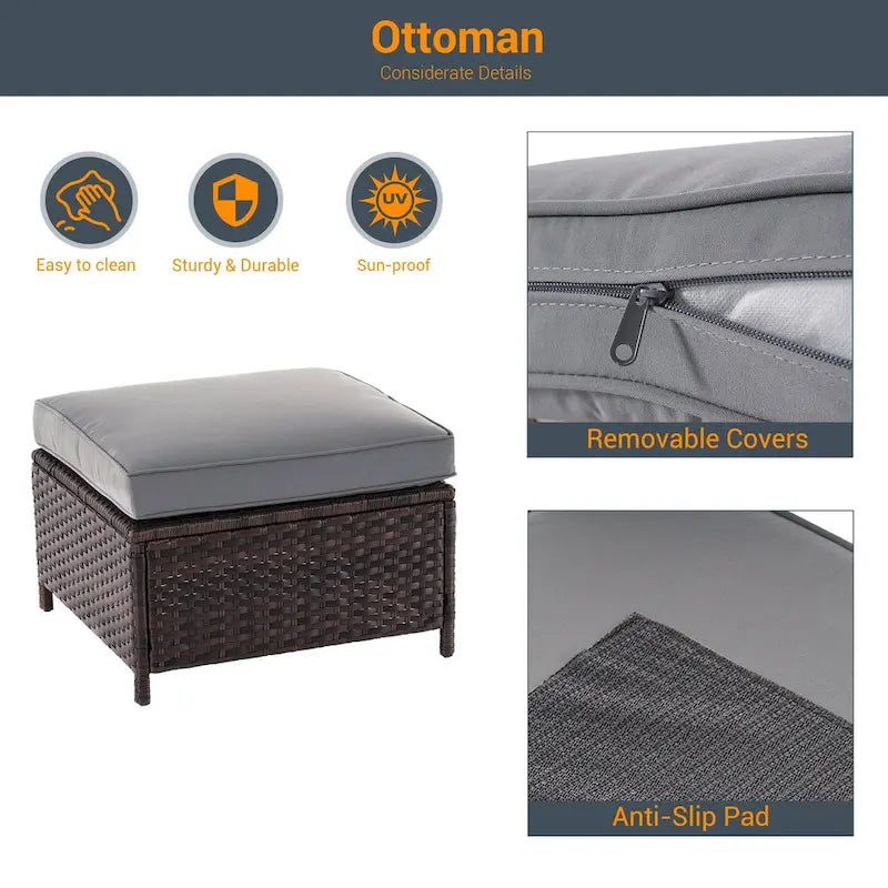 LIVOOSUN 6Pcs Patio Furniture Conversation Brown Wicker Sofa Set w/Side Table