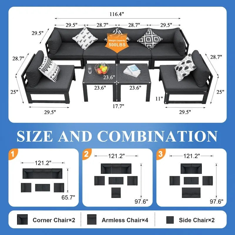 FINCATI Aluminum Patio Furniture Set Outdoor Conversation Sofa with Table - 8 Pieces