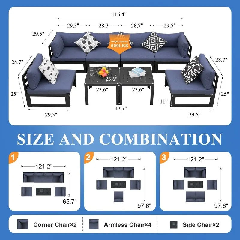 FINCATI Aluminum Patio Furniture Set Outdoor Conversation Sofa with Table - 8 Pieces